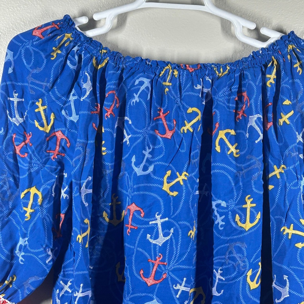 Grand & Greene Womens XL Blue Anchor Print Off Shoulder 3/4 Sleeve Blouse Top